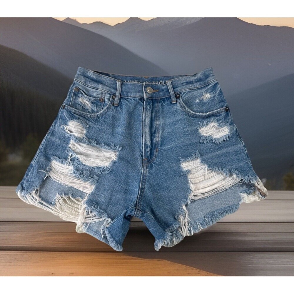American Eagle Highest Rise 90s Boyfriend Shorts 2 (W25) Blue Distressed Womens